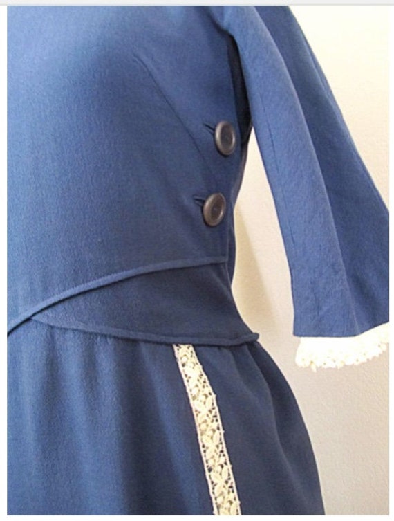 Early 1960s Late 50s Blue Dress Fitted Lace trim … - image 3
