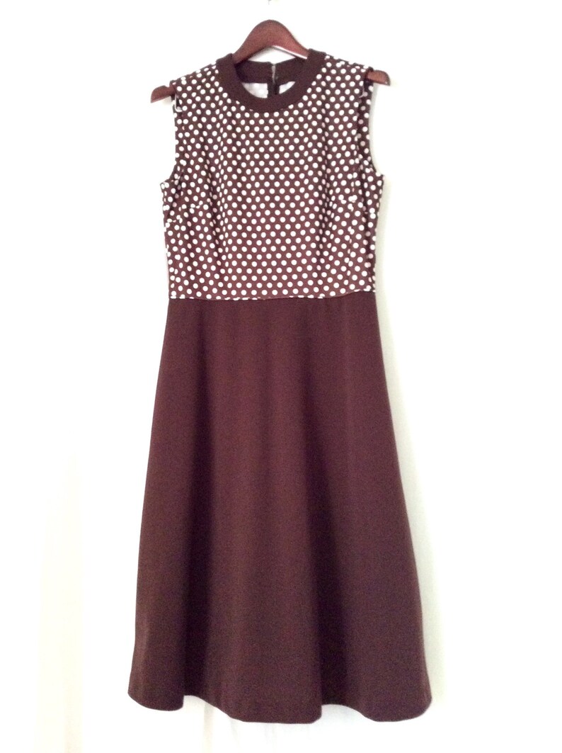 Conjunto de dos piezas de vestido de los años 60 y 70 con lunares marrones y blancos, talla mediana imagen 8