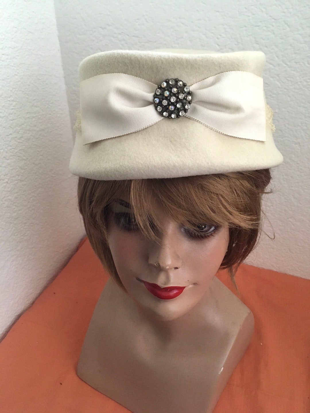1950s Vintage Womens Cream Wool Hat With Rhinestone Flourish Etsy