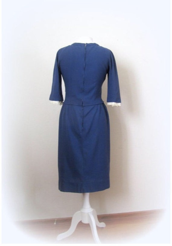 Early 1960s Late 50s Blue Dress Fitted Lace trim … - image 2