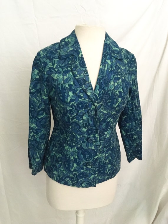 1960s Paisley Print Wool Blazer shades of Aqua & … - image 1