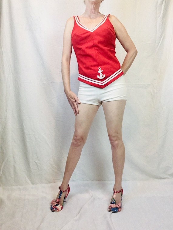 1960s Sailor Bathing Suit Natical Red and White Tw