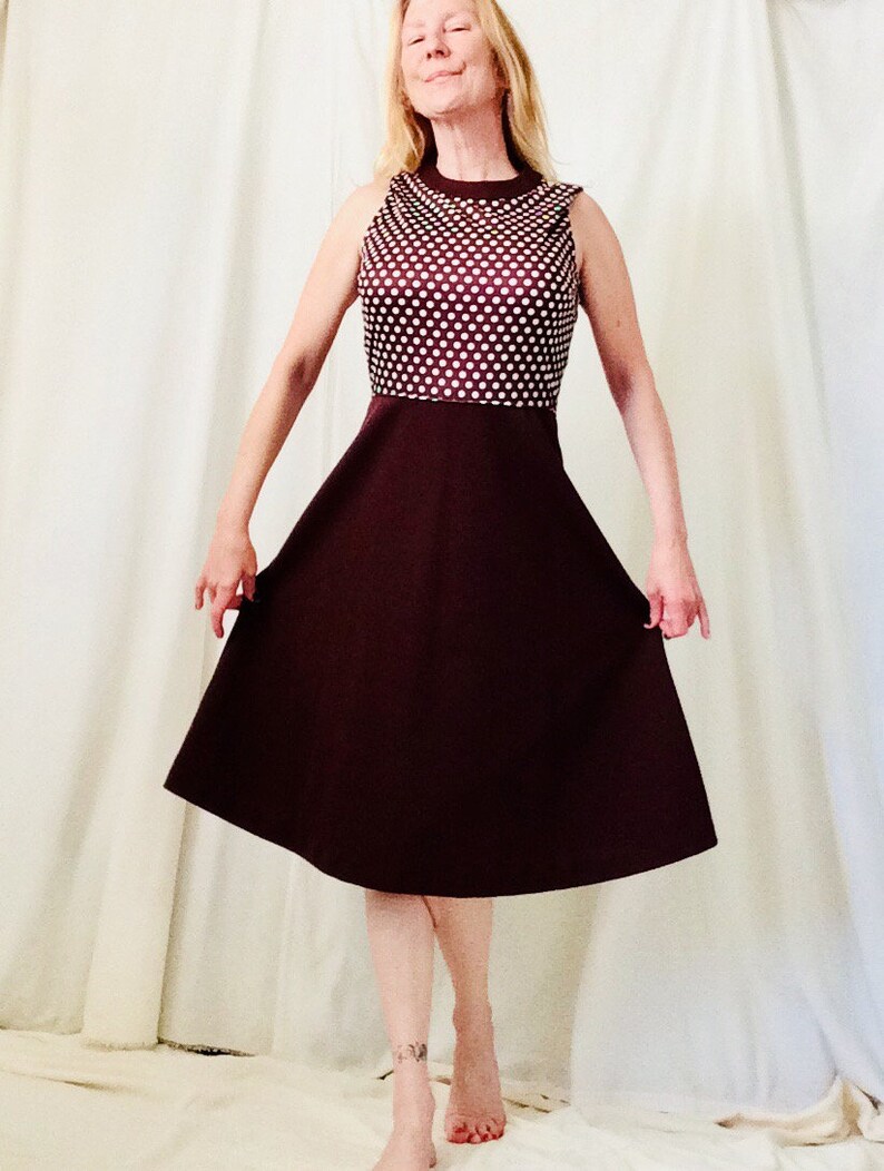 Conjunto de dos piezas de vestido de los años 60 y 70 con lunares marrones y blancos, talla mediana imagen 5