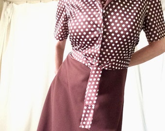 1960s 70s Dress Two Piece Set Brown and White Polka Dots Size Medium