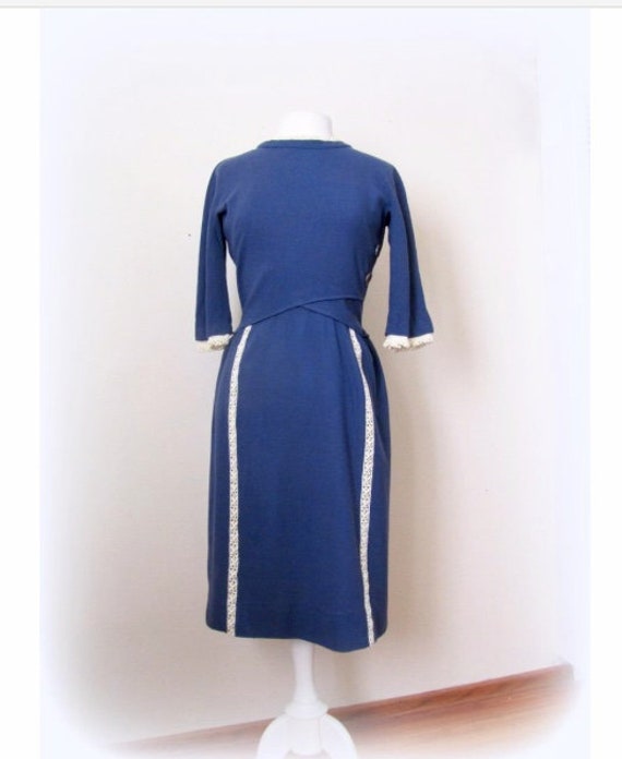 Early 1960s Late 50s Blue Dress Fitted Lace trim … - image 1
