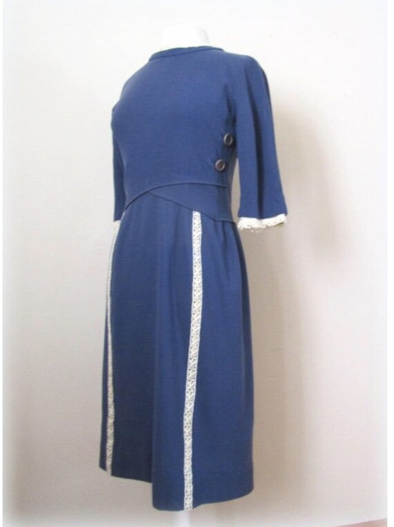 Early 1960s Late 50s Blue Dress Fitted Lace trim … - image 5