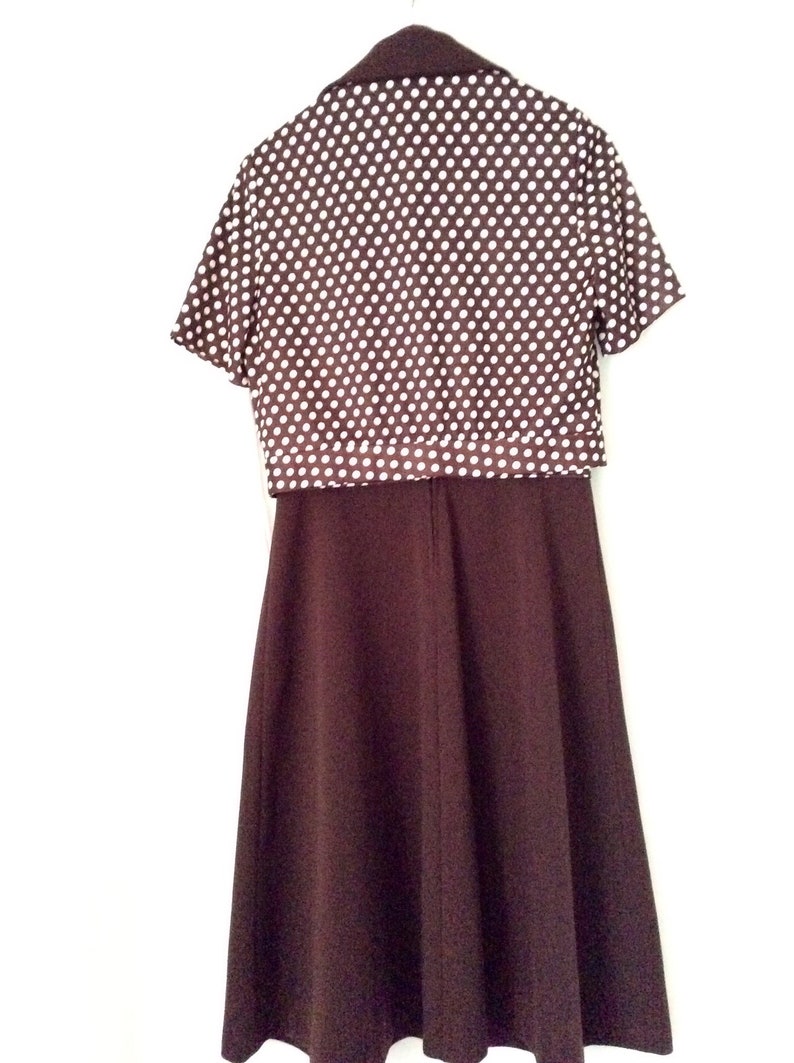 Conjunto de dos piezas de vestido de los años 60 y 70 con lunares marrones y blancos, talla mediana imagen 9