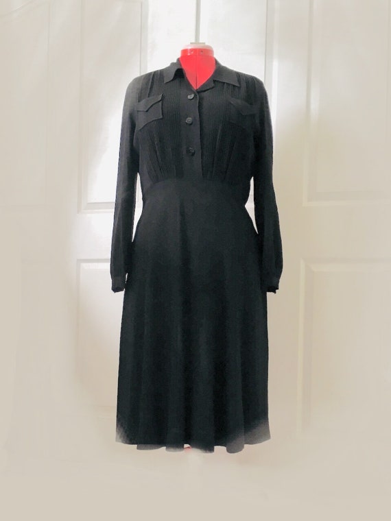 1940s Black Rayon Pintuck Dress