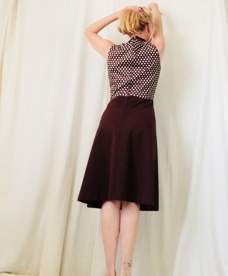Conjunto de dos piezas de vestido de los años 60 y 70 con lunares marrones y blancos, talla mediana imagen 10