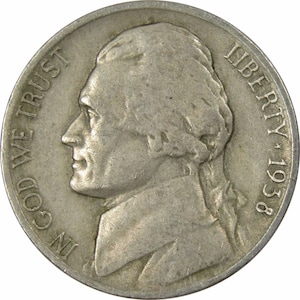 May include: A silver US nickel coin with the profile of Thomas Jefferson on the obverse. The coin reads "IN GOD WE TRUST" and "LIBERTY 1938".
