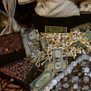 May include: A treasure chest overflowing with gold coins, rolled coins, and stacks of US dollar bills. The chest is surrounded by burlap sacks and small glass vials filled with gold glitter.