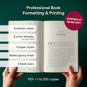 May include: Open book with text, highlighting professional book formatting and printing services. Features include 9 interior styles, 5 cover designs, 3 paper styles, matte/glossy finish, and 3 book sizes. Starting at $8.98 per copy.