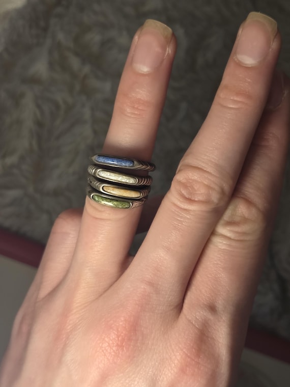 Sterling Silver Stackable Engraved Rings, Blue Gr… - image 1