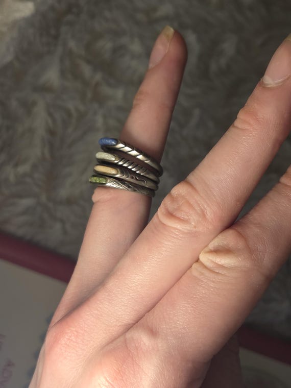 Sterling Silver Stackable Engraved Rings, Blue Gr… - image 2