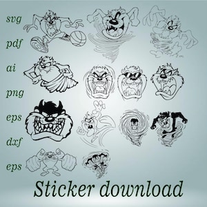 Op de afbeelding: Zwart-wit cartoon illustraties van de Tasmanian Devil in verschillende poses. De afbeeldingen bevatten de tekst "svg", "pdf", "ai", "png", "eps" en "dxf". De woorden "Sticker download" staan onderaan.