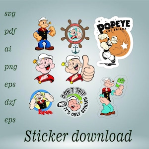Pode incluir: Uma coleção de autocolantes do Popeye, o Marinheiro, em várias poses e designs. Os autocolantes apresentam Popeye com o seu cachimbo, espinafre e elementos náuticos. O texto inclui "Popeye the Sailor" e "Don't Trip It's Only Spinach".