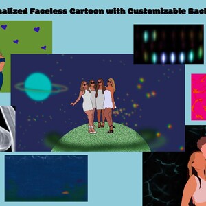 May include: The image showcases a variety of personalized faceless cartoon designs with customizable backgrounds. The designs include couples and groups of friends, set against diverse backdrops, including a green field with hearts, a space scene, and abstract art.