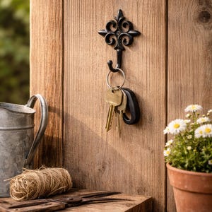 Peut inclure: Un crochet à clés en fonte noire avec un motif floral ornemental, monté sur un mur en bois. Un jeu de clés est suspendu au crochet. La scène comprend un arrosoir, de la ficelle et un pot de marguerites.