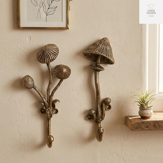 Vintage Brass Mushroom Hooks Set of 2, Antique Gold Towel Coat Holder