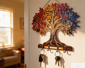 Soporte para llaves Árbol de la Vida, organizador de entrada de madera, perchero decorativo