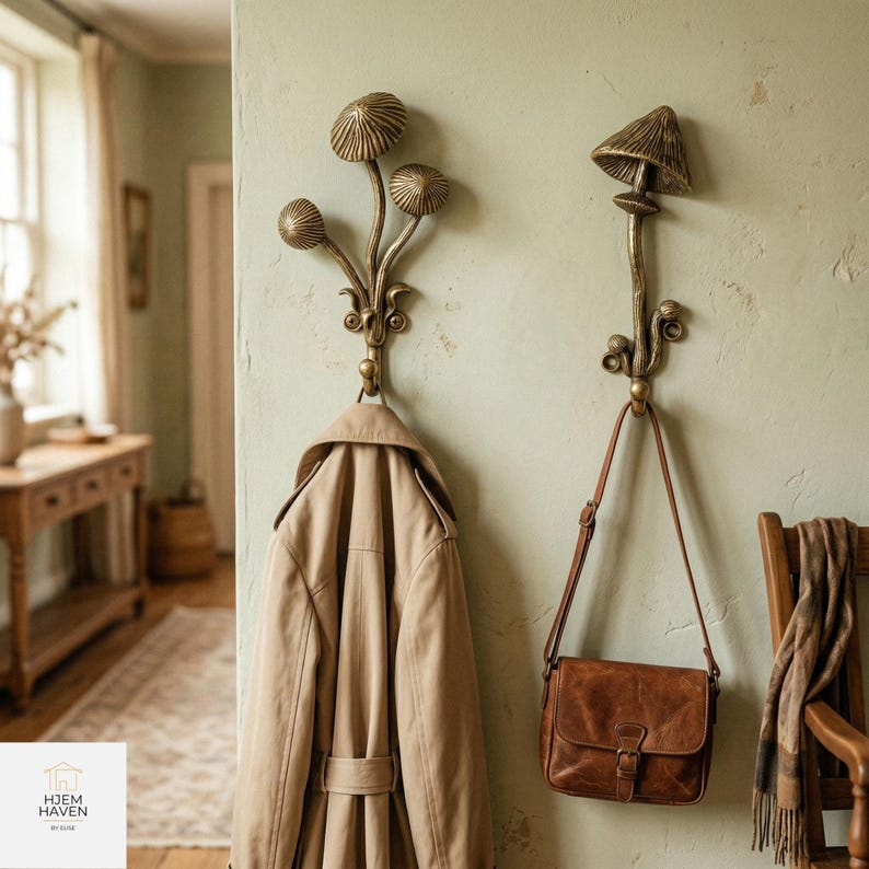 Vintage Brass Mushroom Hooks Set of 2, Antique Gold Towel Coat Holder image 4