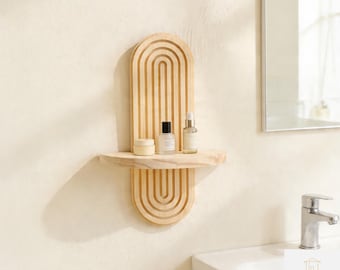 Estantería de pared geométrica de madera estilo bohemio, expositor minimalista para plantas, decoración de madera natural.