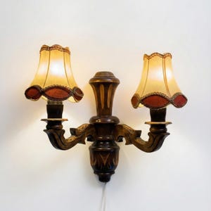 Vintage Wooden Wall Sconce, Rustic Double Arm Lamp, Farmhouse Wall Light with Fabric Shades, Cottagecore Decor