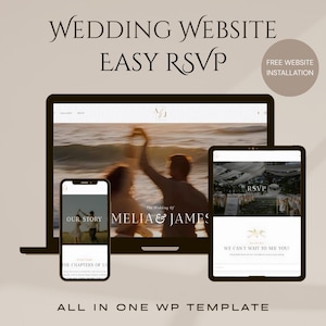 Könnte beinhalten: Ein digitales Mockup einer Hochzeitswebsite, die auf einem Laptop, Tablet und Smartphone angezeigt wird. Die Website zeigt den Text "Wedding Website Easy RSVP" und "Melia & James". Das Smartphone zeigt "Our Story" und das Tablet zeigt "RSVP".