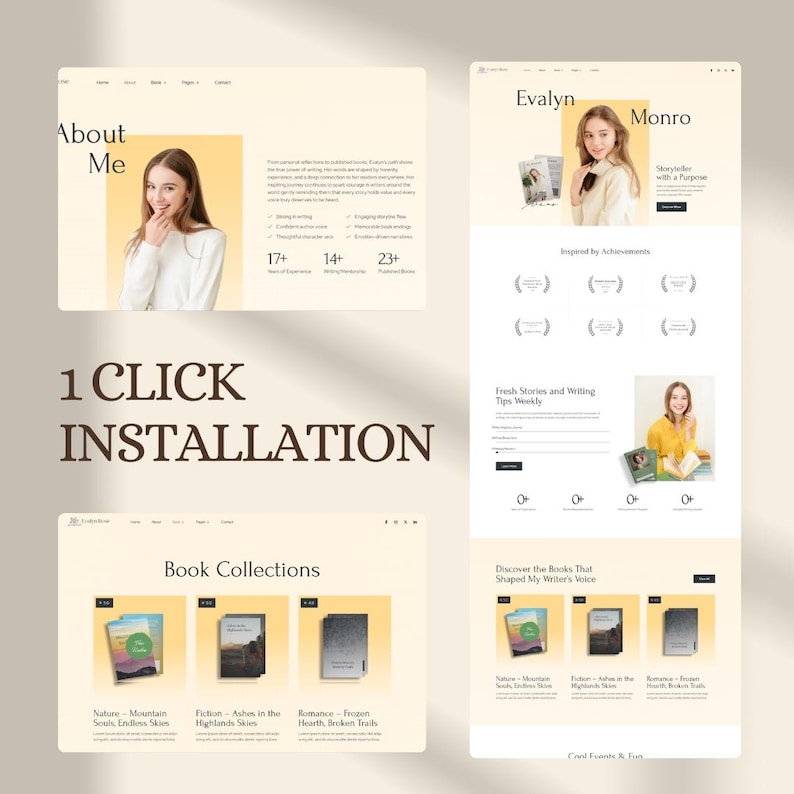 Pu&ograve; includere: Un mockup di design di un sito web con uno schema di colori beige chiaro. Il design include sezioni per 'Chi sono', 'Collezioni di libri' e 'Storie fresche e consigli di scrittura settimanali'. Il testo '1 CLICK INSTALLATION' &egrave; visualizzato in modo prominente.