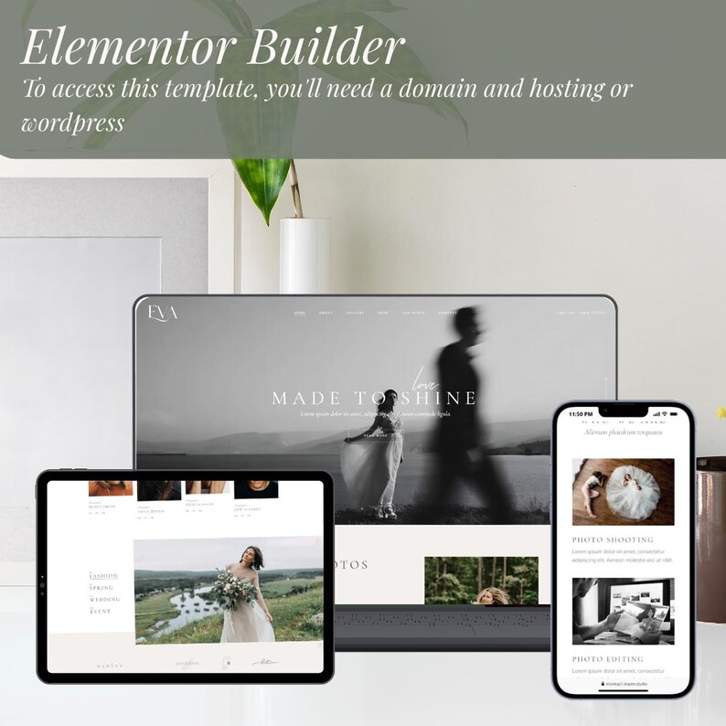 May include: A digital mockup of a website template displayed on a laptop, tablet, and smartphone. The laptop shows a wedding website with the text "MADE TO SHINE." The tablet and phone display further website content. The text "Elementor Builder" is at the top.