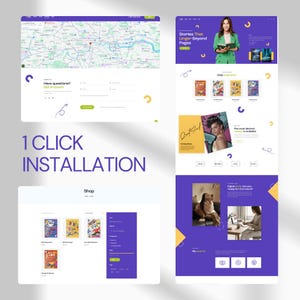May include: A digital marketing website design with a map, contact form, and book shop. The design features a purple and white color scheme with the text "1 CLICK INSTALLATION". The website showcases book covers and a woman holding a book.