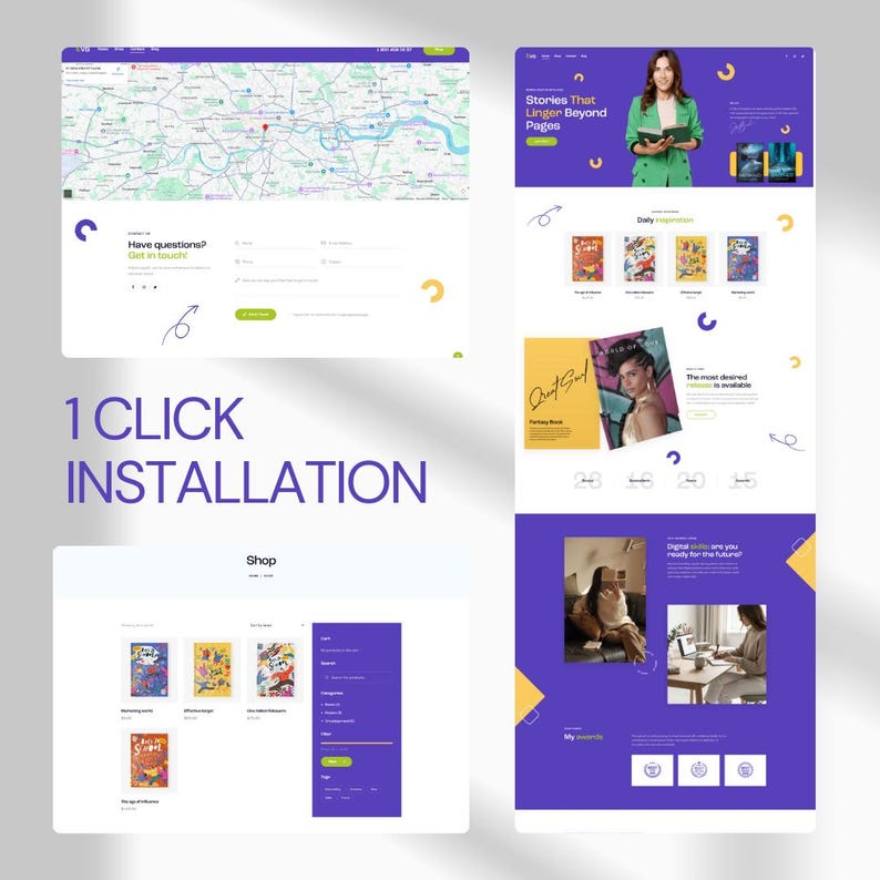 May include: A digital marketing website design with a map, contact form, and book shop. The design features a purple and white color scheme with the text "1 CLICK INSTALLATION". The website showcases book covers and a woman holding a book.