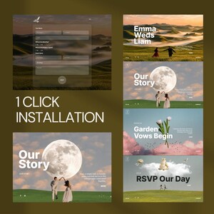 May include: A digital wedding invitation template with a landscape background. The text "Emma Weds Liam", "Our Story", "Garden Vows Begin", and "RSVP Our Day" are displayed. The words "1 CLICK INSTALLATION" are also visible.