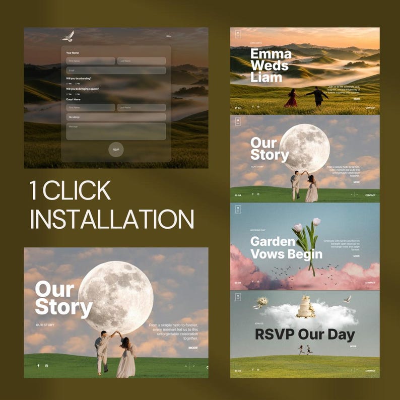 May include: A digital wedding invitation template with a landscape background. The text "Emma Weds Liam", "Our Story", "Garden Vows Begin", and "RSVP Our Day" are displayed. The words "1 CLICK INSTALLATION" are also visible.