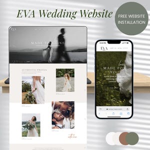 May include: A laptop and smartphone showcase a wedding website design. The laptop screen displays a website with the text "EVA Wedding Website" and "MADE TO SHINE." The smartphone shows a mobile version with the text "love MADE FOR YOU."