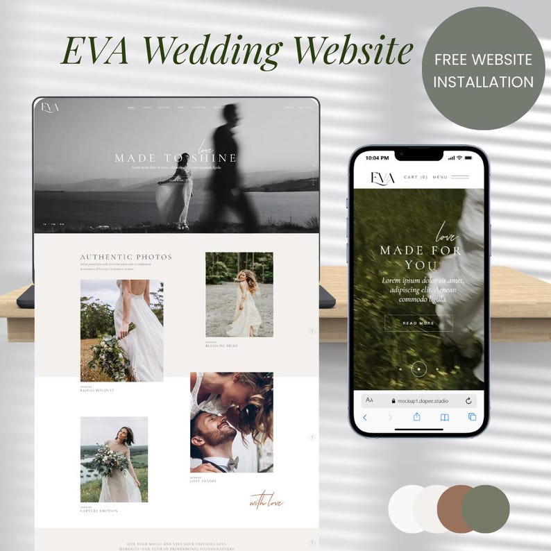 May include: A laptop and smartphone showcase a wedding website design. The laptop screen displays a website with the text "EVA Wedding Website" and "MADE TO SHINE." The smartphone shows a mobile version with the text "love MADE FOR YOU."