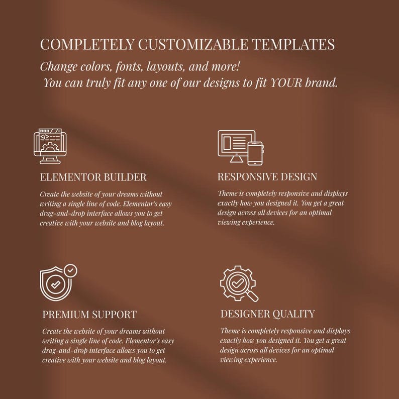 May include: A brown graphic with white text and icons promoting website design features. The text includes "Completely Customizable Templates," "Elementor Builder," "Responsive Design," "Premium Support," and "Designer Quality."