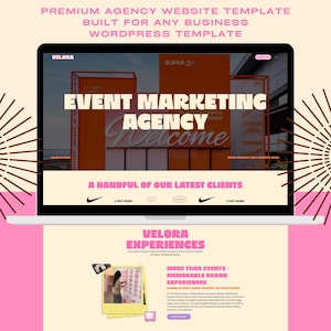 May include: A digital display of a website template titled Velora, featuring the text Event Marketing Agency, A Handful of Our Latest Clients, and Velora Experiences. The layout includes a large hero image of an orange event structure.