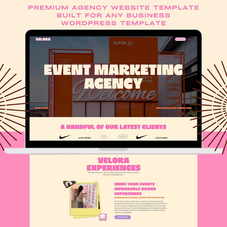 May include: A digital display of a website template titled Velora, featuring the text Event Marketing Agency, A Handful of Our Latest Clients, and Velora Experiences. The layout includes a large hero image of an orange event structure.