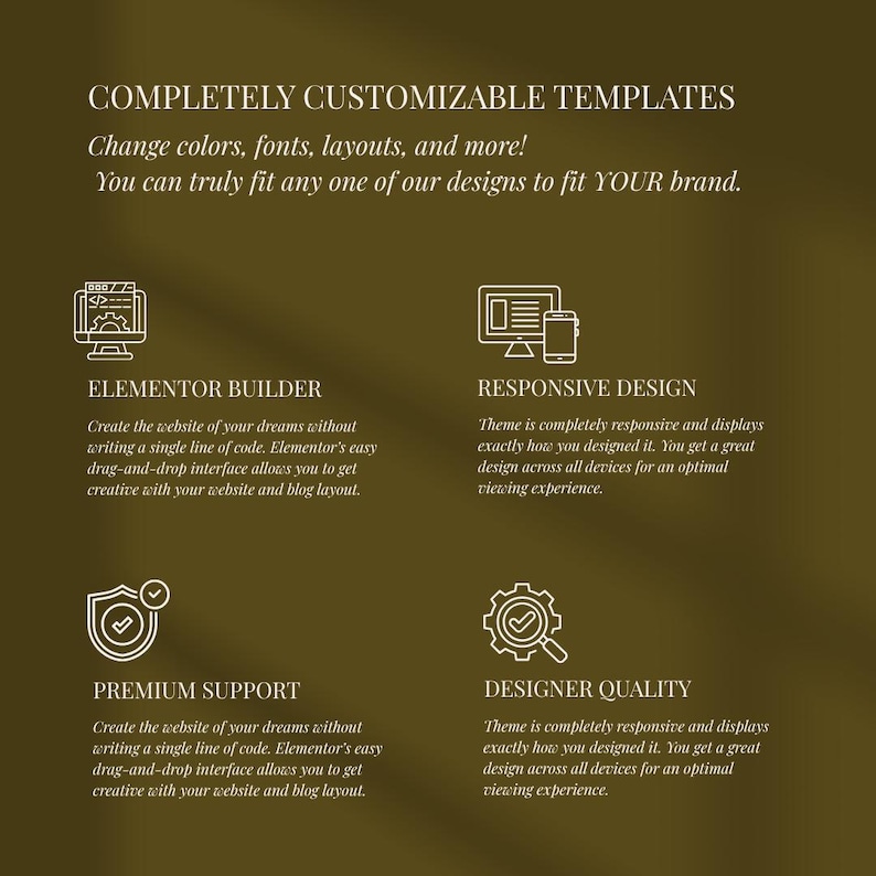 May include: A graphic with text promoting customizable website templates. The text highlights features like changing colors, fonts, and layouts. Icons represent Elementor Builder, Responsive Design, Premium Support, and Designer Quality.