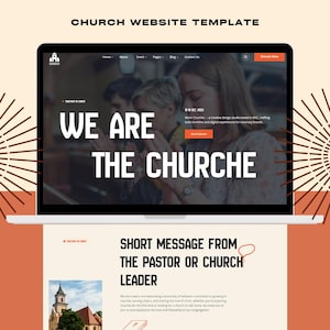 May include: A digital church website template displayed on a laptop screen. The hero section features the text WE ARE THE CHURCHE over a photo of people praying. Below, the layout includes a section titled SHORT MESSAGE FROM THE PASTOR OR CHURCH LEADER.