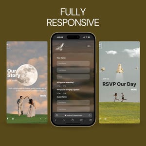 May include: A mobile phone displays a wedding RSVP form between two promotional graphics. The graphics feature a couple dancing under a moon and a couple running on a grassy hill. The text "FULLY RESPONSIVE" is at the top.