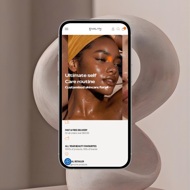 May include: A smartphone displays the "EVALYN" skincare website, featuring a model with radiant skin and the text "Ultimate self Care routine." The site promotes customized skincare. The phone is set against a neutral, abstract background.