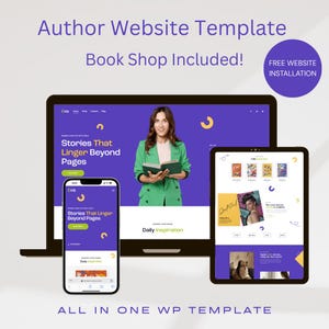May include: A digital mockup showcasing an author website template across multiple devices. The design features a purple and white color scheme with the text "Author Website Template" and "Book Shop Included!". A woman is holding a book on the main screen.