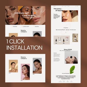 May include: A website layout featuring skincare products. The design includes images of faces, product shots, and text such as "Ultimate self Care routine" and "Shop by Category". The phrase "1 CLICK INSTALLATION" is also visible.