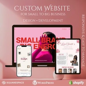 May include: A digital marketing image featuring a laptop, tablet, and smartphone displaying website designs. The text reads "Custom Website" and "Design + Development." The smartphone shows an "Evalyn" website. The tablet displays a portfolio.