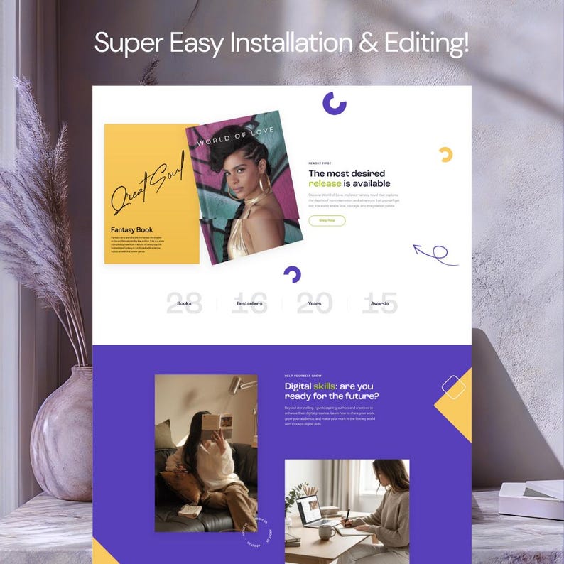 May include: A website design mockup with a purple and white layout. The design includes a book cover with the title "Great Soul" and the text "Fantasy Book." The text "Super Easy Installation & Editing!" is at the top.