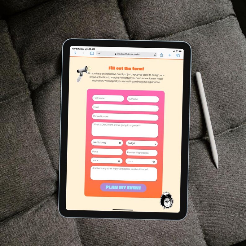 May include: A tablet displaying a digital event planning form with a light yellow background, a pink and orange gradient container, and a white stylus. The form includes fields for contact information, event details, and a button labeled PLAN MY EVENT.