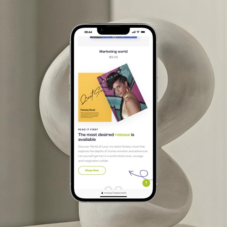 May include: A smartphone displays a book cover with the title "Great Soul" and "World of Love." The screen also shows the text "The most desired release is available" and a "Shop Now" button. The phone is set against a neutral, abstract background.