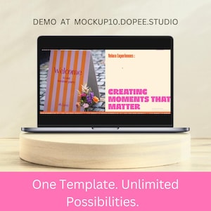 May include: A laptop screen displaying a digital design template with the text DEMO AT MOCKUP10.DOPEE.STUDIO at the top. The screen shows a graphic with orange stripes, the text Welcome to our summer party, and Velora Experiences: CREATING MOMENTS THAT MATTER.